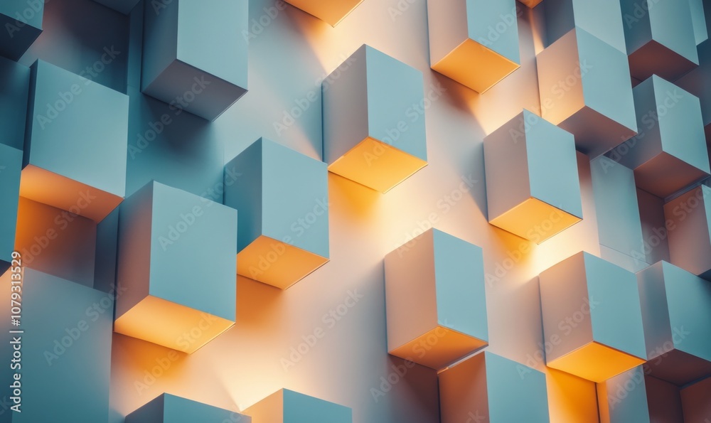 Abstract geometric architectural wall with protruding cubic shapes illuminated by warm lighting, creating dynamic shadows and depth Abstract geometric architectural wall with protruding cubic shapes illuminated by warm lighting, creating dynamic shadows and depth