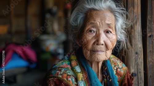 Against vibrant backgrounds, a dignified grandma's peaceful smile radiates with the serenity and fulfillment of a life well-lived