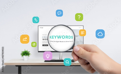 Magnifying glass enlarging keywords on desktop screen, surrounded by icons symbolizing research, ideas, search, writing, cloud, and target goals
