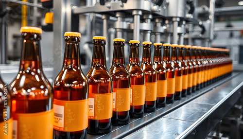 Alcohol beverage factory. Bottles on conveyor belt of bottle filling machine isolated with white highlights, png
