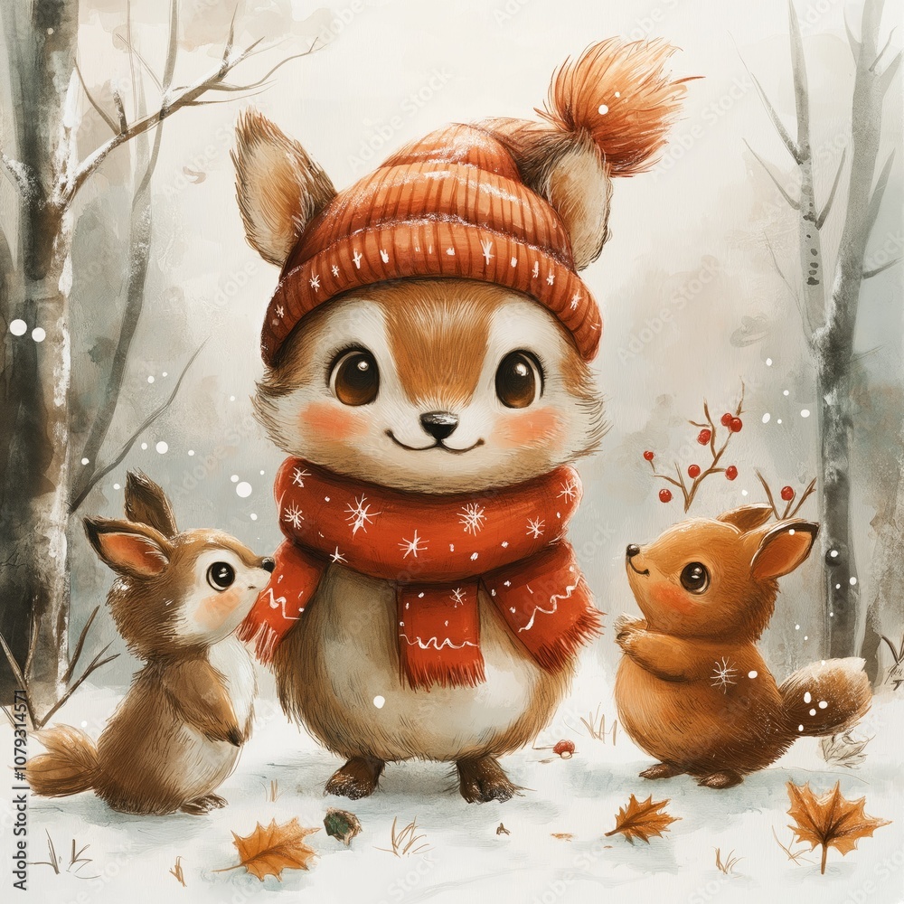 Cute squirrel wearing winter clothes with friends in snowy forest Cute squirrel wearing winter clothes with friends in snowy forest