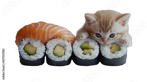 Delicious sushi rolls with salmon, avocado, and rice on a white background photo