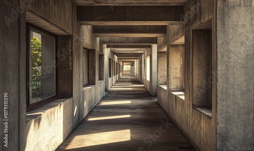 Brutalist student housing with blocky, repetitive units, exposed concrete surfaces, and narrow, shadow-filled corridors