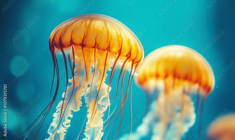 Close-up of two orange jellyfish swimming in blue water Close-up of two orange jellyfish swimming in blue water