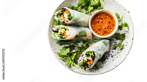 Crispy spring rolls with a side of dipping sauce on a white background photo