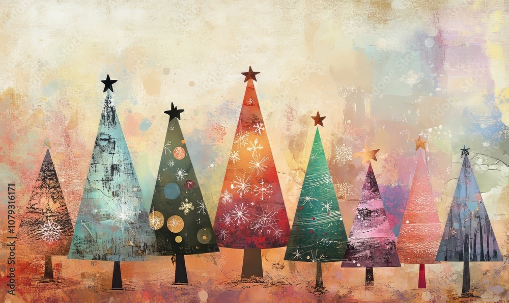 Colorful abstract Christmas trees with various textures and designs on a soft, pastel background, featuring ornaments and stars Colorful abstract Christmas trees with various textures and designs on a soft, pastel background, featuring ornaments and stars