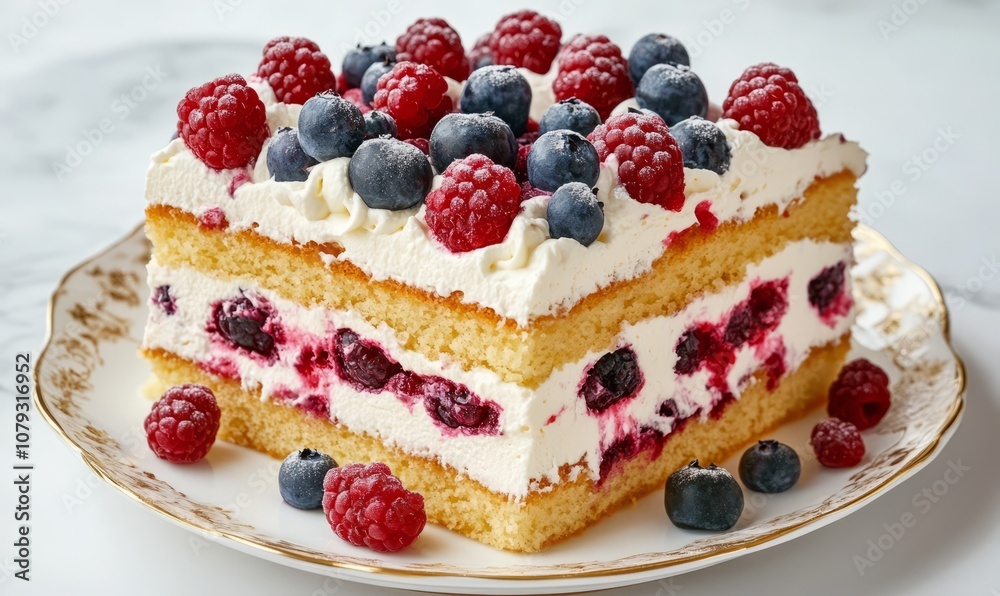 Delicious Cake With Berries and Cream Frosting on a Plate Delicious Cake With Berries and Cream Frosting on a Plate