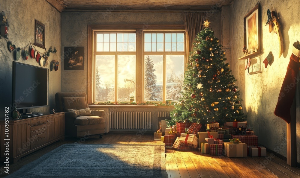 Cozy Christmas Room with Decorated Tree and Presents Underneath Cozy Christmas Room with Decorated Tree and Presents Underneath