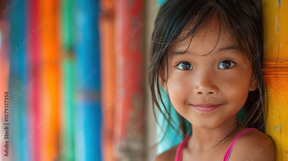 Amidst a spectrum of colors, a thoughtful Asian girl's serene smile reflects her gentle nature and quiet introspection Amidst a spectrum of colors, a thoughtful Asian girl's serene smile reflects her gentle nature and quiet introspection
