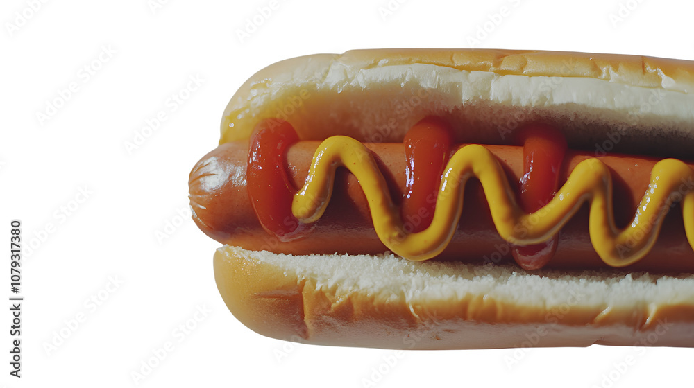 Close-up of a hot dog with mustard and ketchup on a white background Close-up of a hot dog with mustard and ketchup on a white background