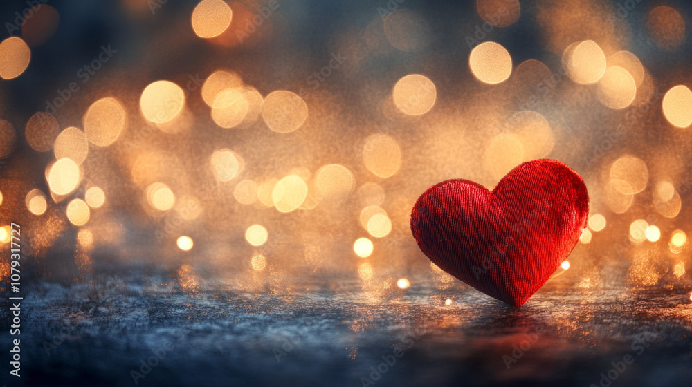 A red heart on a surface surrounded by glowing lights in a soft ambiance A red heart on a surface surrounded by glowing lights in a soft ambiance