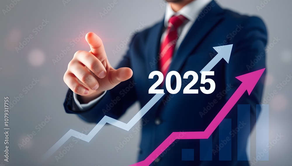 Businessman pointing at arrow graph New Year Business Goals 2025, Positive Indicators 2025 Global Business Success, Company Growth 2024 to 2025 isolated with white highlights, png Businessman pointing at arrow graph New Year Business Goals 2025, Positive Indicators 2025 Global Business Success, Company Growth 2024 to 2025 isolated with white highlights, png