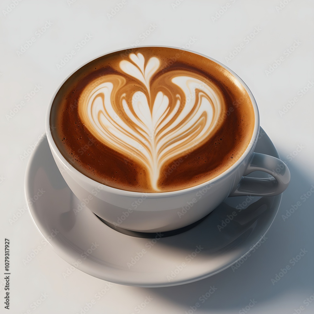 A white cup with a latte art design sits on a white saucer, set against a white background. A white cup with a latte art design sits on a white saucer, set against a white background.