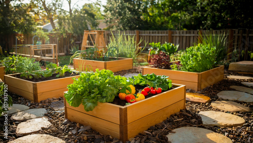 Sun-drenched raised planters in a backyard garden, filled with leafy greens and vibrant veggies, surrounded by earthy stones and wood mulch.