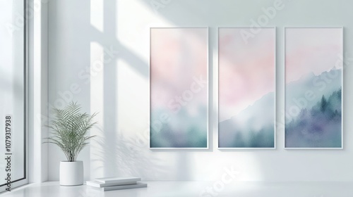 Serene interior with abstract mountain art and a plant.
