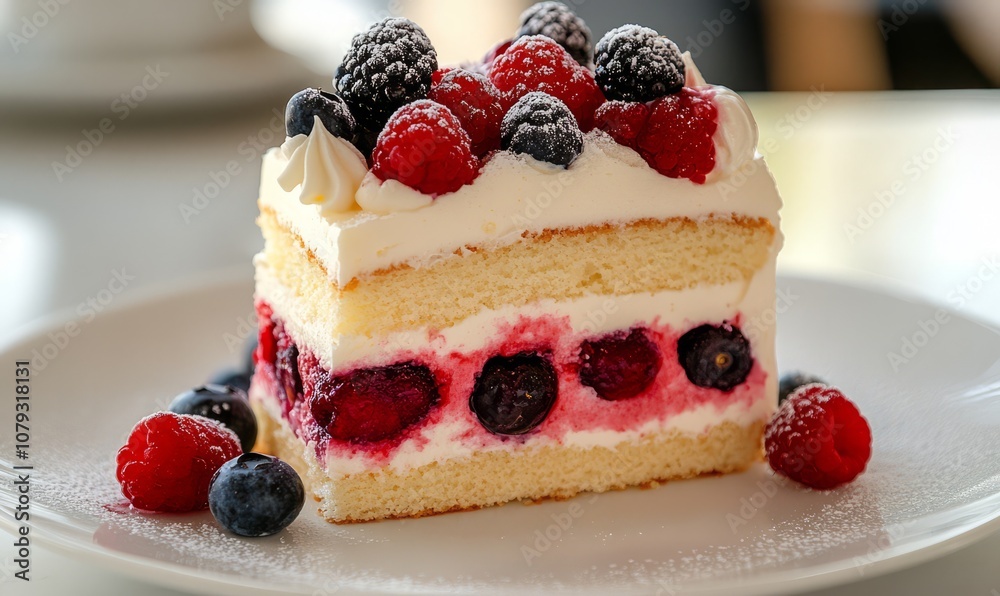 Delicious Cake With Berries and Cream Frosting on a Plate Delicious Cake With Berries and Cream Frosting on a Plate