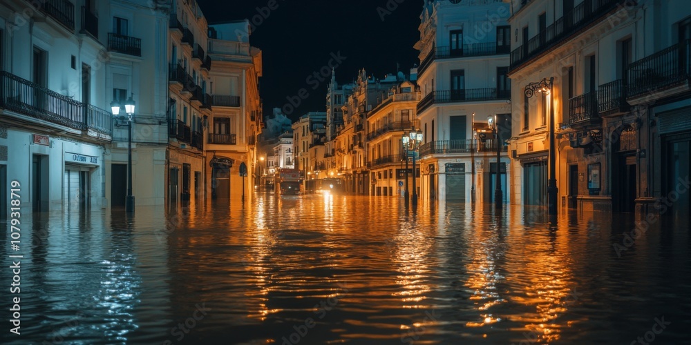 Fototapeta premium A tranquil yet haunting city scene submerged in water. Streets glisten with reflections from warm lights. This image captures the effects of a flood at nighttime in a vivid style. AI