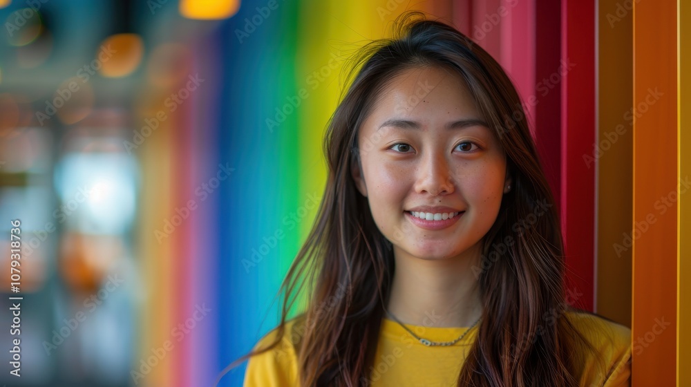 Amidst a spectrum of colors, a determined Asian student's poised posture signifies her dedication to academic excellence Amidst a spectrum of colors, a determined Asian student's poised posture signifies her dedication to academic excellence