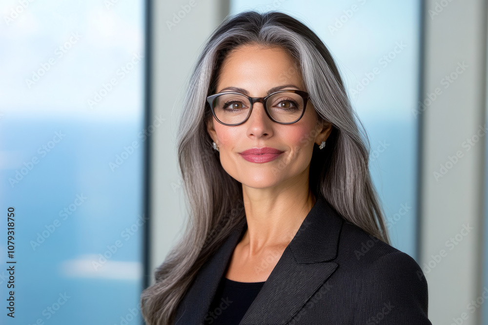 Confident businesswoman with silver hair and glasses posing in office