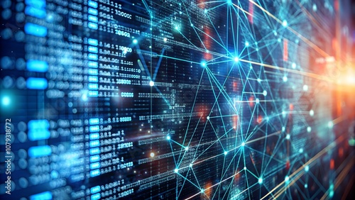 Close-up of a computer screen with lines of complex code, futuristic interface, dark background with data streams overlaying