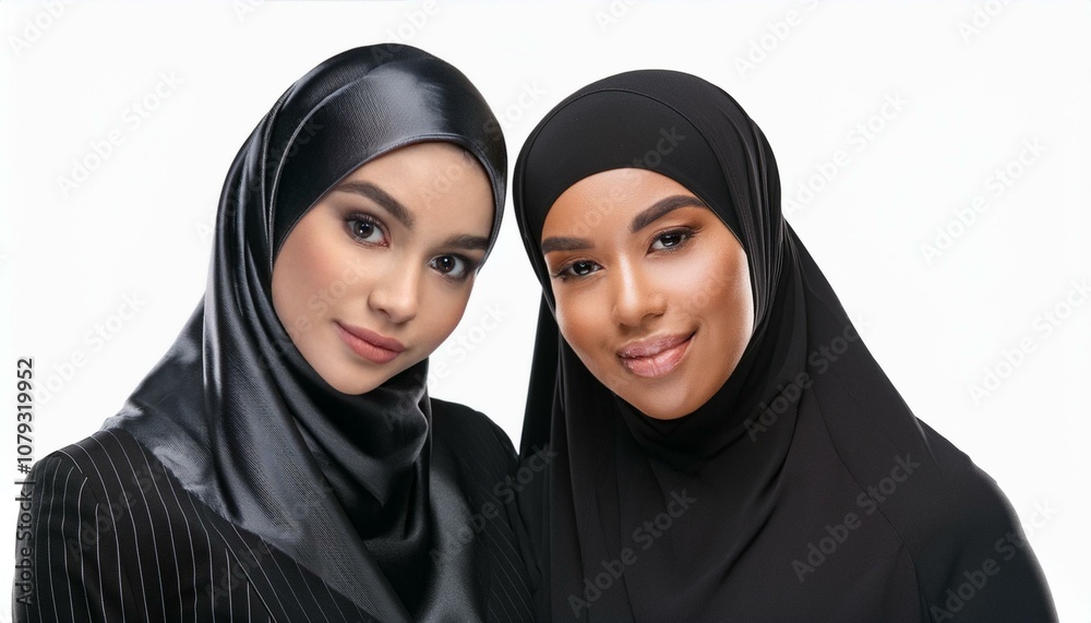 Stunning Arab woman, adorned in chic black hijabs, posed individually. neutral background
Stunning Arab woman, adorned in chic black hijabs, posed individually. neutral background