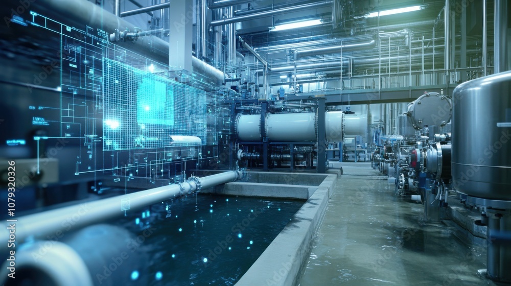Fototapeta premium AI in wastewater treatment, monitoring chemical balance and filtration systems