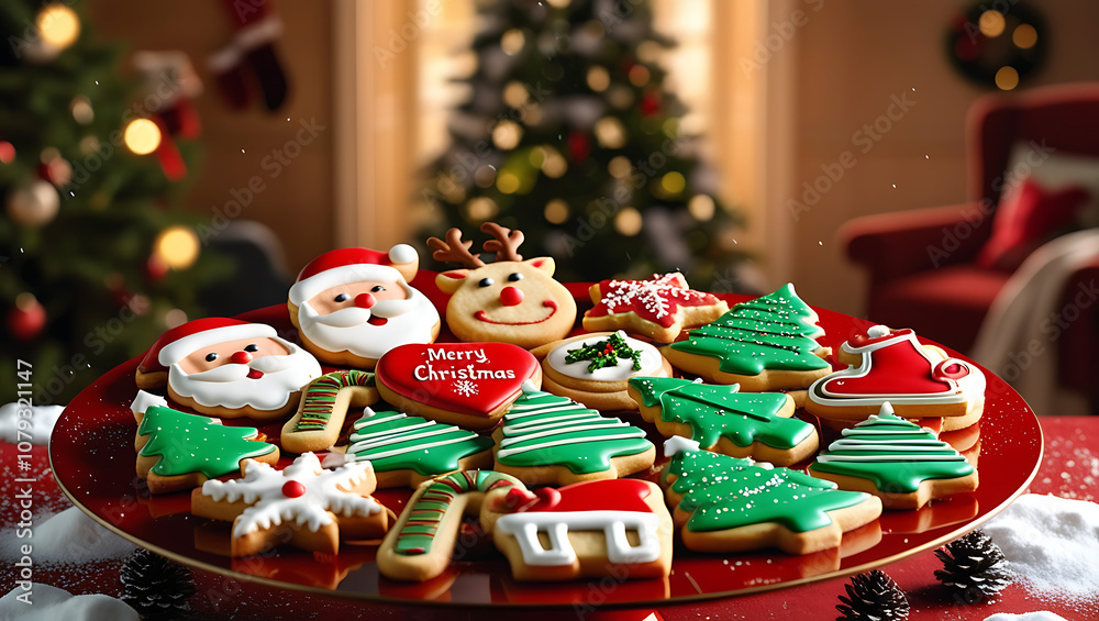 Fototapeta premium Festive Christmas cookies on a red plate with a Christmas tree and fireplace in the background.