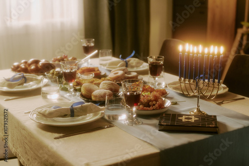 Served table with traditional treats, lit candles and Torah on table top in dining room photo