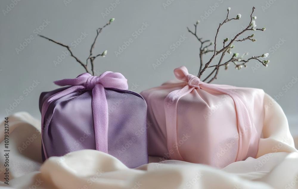 Elegant Furoshiki Gift Wrapping with Sakura Blossom - Japanese Art of Gift Wrapping in Pastel Colors, AI GENERAT