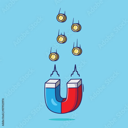 Cute cartoon of magnet pull or catching gold coins vector Icon illustration object.  Finance and economy global business strategy