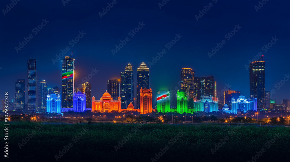 Fototapeta premium Modern City Skyline with Indian Flag Colors at Republic Day Night