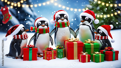 Five penguins wearing Santa hats stand in the snow with presents, surrounded by Christmas lights.