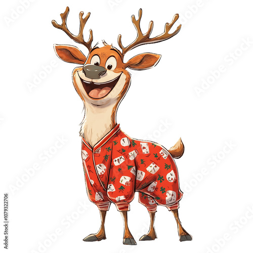 Reindeer in a festive red pajamas on a transparent background. Christmas character, holiday design, cozy vibes, winter joy, seasonal fun, reindeer illustration, holiday fashion, Christmas outfit. photo