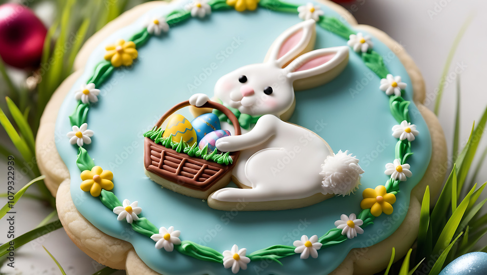 A sugar cookie decorated with a white bunny holding a basket of colorful Easter eggs surrounded by a wreath of daisies and green grass. A sugar cookie decorated with a white bunny holding a basket of colorful Easter eggs surrounded by a wreath of daisies and green grass.