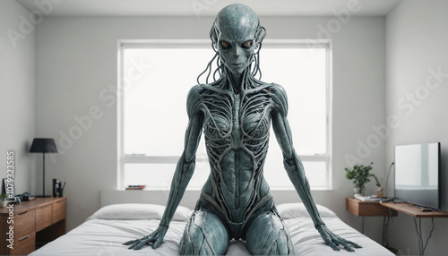 A humanoid figure with a gray, skeletal exterior sits on a bed in a minimalist bedroom