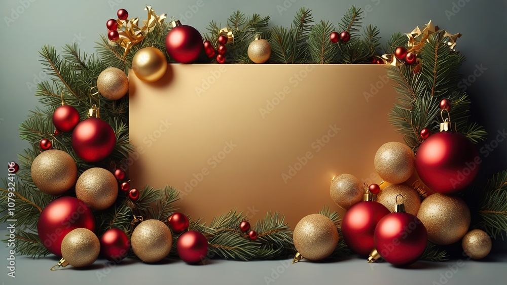 Christmas frame top border made of gift box, fir branch, gold and red baubles. Elegant Merry Christmas greeting card design.