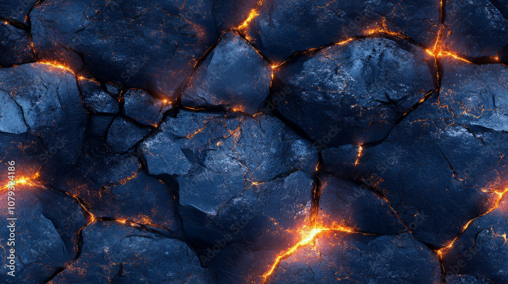 Lava cracks glowing beneath dark rocky surface in a volcanic landscape Lava cracks glowing beneath dark rocky surface in a volcanic landscape