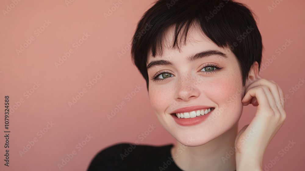 A Young Woman With a Stylish Short Haircut Smiles Warmly at the Camera, Showcasing Her Natural Beauty Against a Soft Pink Background Indoors A Young Woman With a Stylish Short Haircut Smiles Warmly at the Camera, Showcasing Her Natural Beauty Against a Soft Pink Background Indoors