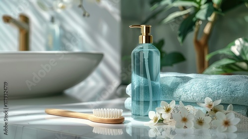 Bathroom counter with a bottle of liquid soap, towels, a wooden brush, and white flowers.