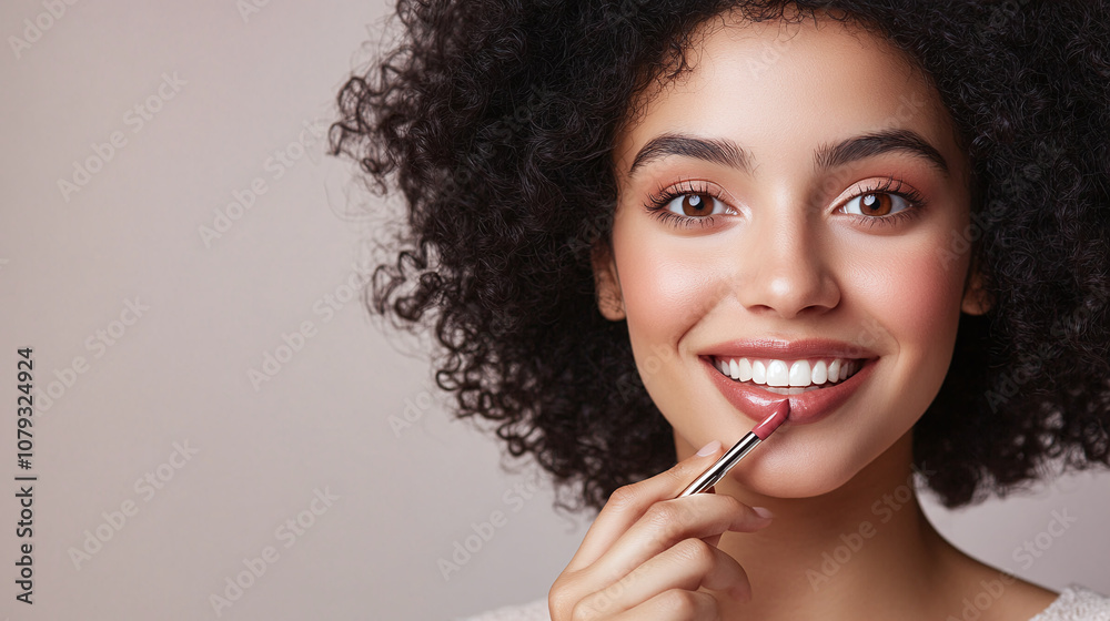 Young Woman Applying Lip Color in Front of a Neutral Background, Showcasing a Joyful Expression and Well-Defined Curls, Highlighting a Moment of Beauty Enhancement Young Woman Applying Lip Color in Front of a Neutral Background, Showcasing a Joyful Expression and Well-Defined Curls, Highlighting a Moment of Beauty Enhancement