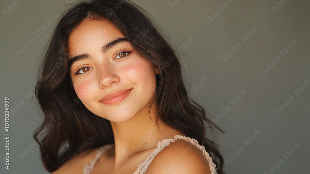 A Young Woman With Wavy Hair Smiles Warmly Against a Neutral Backdrop, Showcasing Her Natural Beauty and Vibrant Energy, Captured in a Soft Light A Young Woman With Wavy Hair Smiles Warmly Against a Neutral Backdrop, Showcasing Her Natural Beauty and Vibrant Energy, Captured in a Soft Light