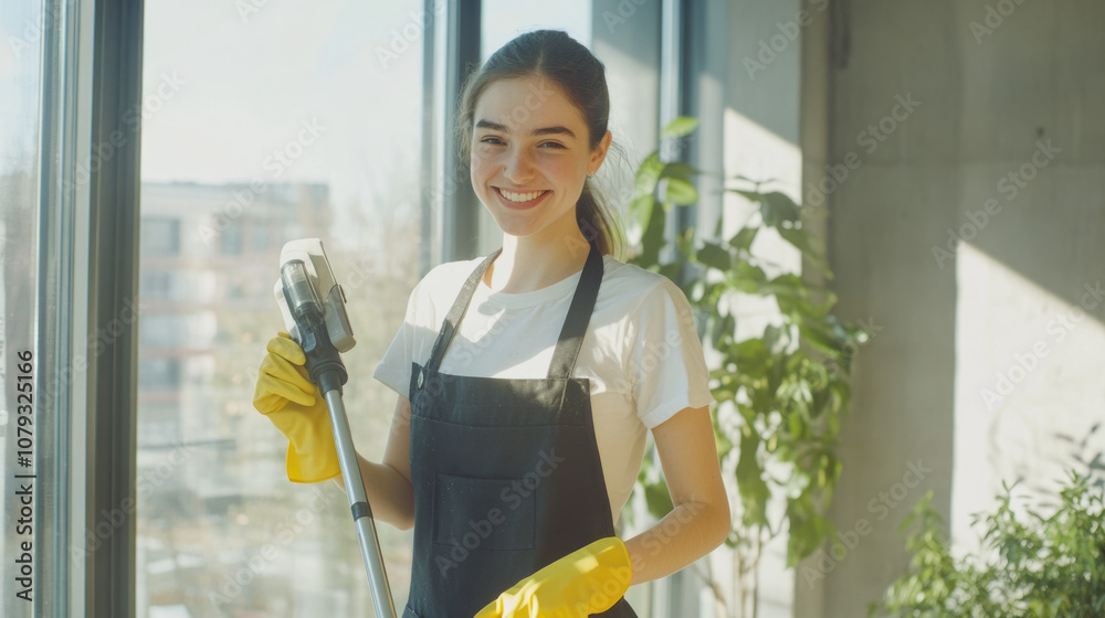 Young woman smiling while cleaning a bright, sunny room with plants Young woman smiling while cleaning a bright, sunny room with plants