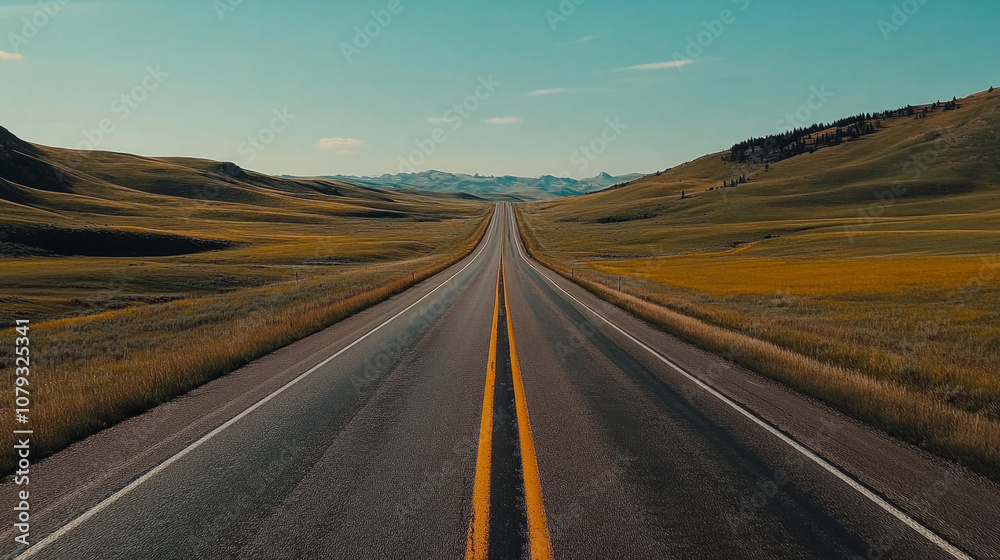 Fototapeta premium Endless road through green fields and mountains on a clear sunny day