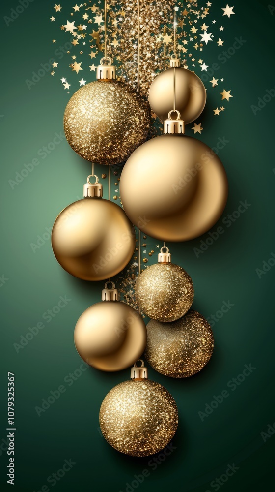 Vertical festive background with golden Christmas baubles and sparkles on a deep green backdrop. Vertical festive background with golden Christmas baubles and sparkles on a deep green backdrop.