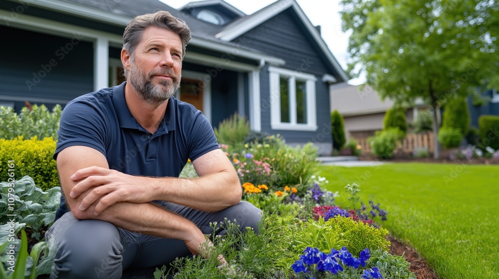 man sits comfortably in a lush garden filled with vibrant flowers and greenery, enjoying the peaceful surroundings of his suburban home on a bright, sunny day man sits comfortably in a lush garden filled with vibrant flowers and greenery, enjoying the peaceful surroundings of his suburban home on a bright, sunny day