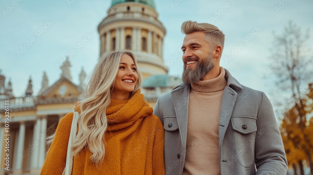 couple walks closely together on a chilly autumn day, smiling at each other while wearing cozy sweaters, with a historic church in the background surrounded by colorful foliage couple walks closely together on a chilly autumn day, smiling at each other while wearing cozy sweaters, with a historic church in the background surrounded by colorful foliage