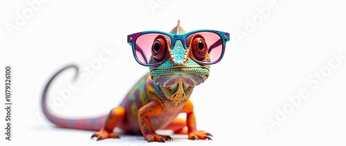 Colorful chameleon lizard with sunglasses isolated on white background