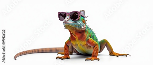 Colorful chameleon lizard with sunglasses isolated on white background