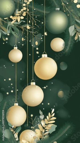 Vertical festive background with golden Christmas baubles and sparkles on a deep green backdrop. photo