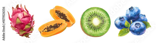 Assorted fresh fruits isolated on transparent background. Realistic illustration. Healthy eating and organic produce concept. Clipart for cookbook, menu, and greengrocery store advertising.